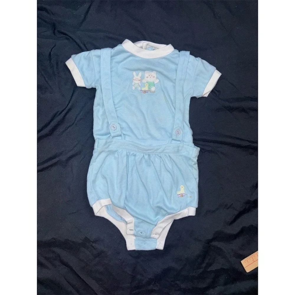 Vintage Baby Romper One-Piece Light Blue Suspender Bunny Bear Duck 9M Jon Jon